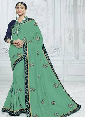 Sea green embroidered art silk saree with blouse 1