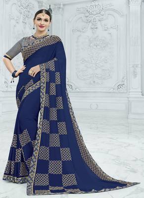 Navy blue embroidered georgette saree with blouse 1