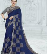 Navy blue embroidered georgette saree with blouse