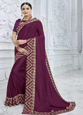 Wine embroidered georgette saree with blouse 1