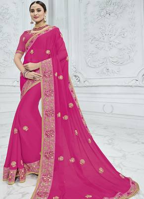 Pink embroidered chiffon saree with blouse 1