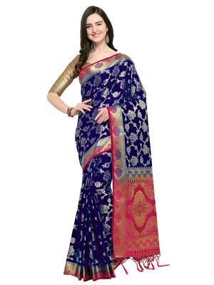 Navy Blue Woven Silk Blend Saree With Blouse 1