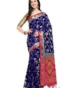 Navy Blue Woven Silk Blend Saree With Blouse