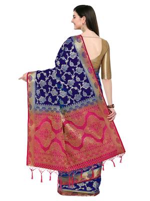 Navy Blue Woven Silk Blend Saree With Blouse 2