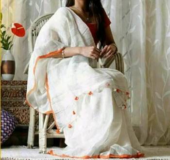 White Linen Saree With Blouse 1