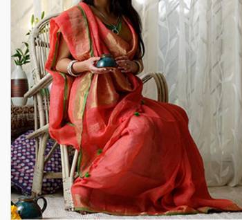 Orange Linen Saree With Blouse 1