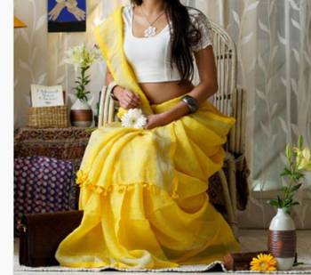 Yellow Linen Saree With Blouse 1