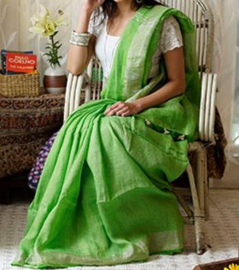 Light Green Linen Saree With Blouse 1