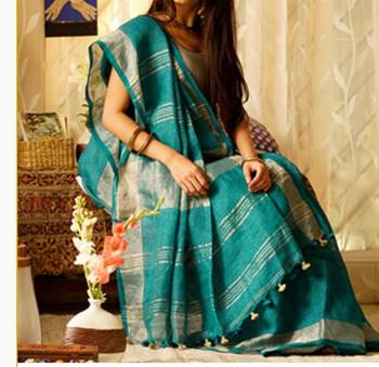 Tourquise Linen Saree With Blouse 1