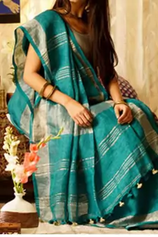 Tourquise Linen Saree With Blouse