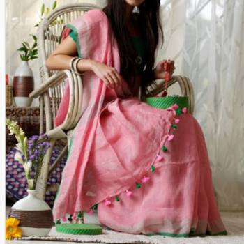 Light Pink Linen Saree With Blouse 1
