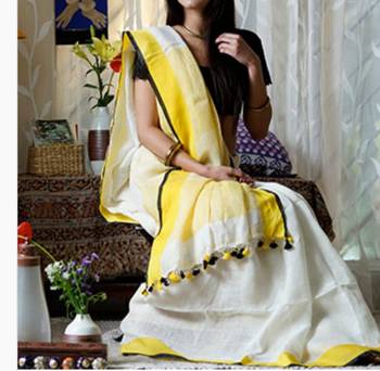 White Linen Saree With Yellow Border And With Blouse 1