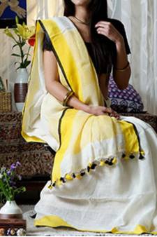 White Linen Saree With Yellow Border And With Blouse