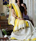White Linen Saree With Yellow Border And With Blouse