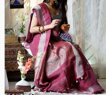 Wine Linen Saree With Blouse 1