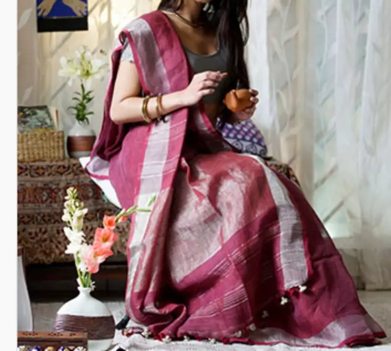 Wine Linen Saree With Blouse