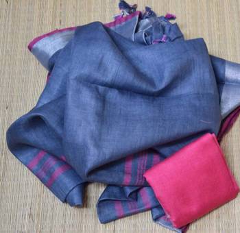 Dark Blue Linen Saree With Blouse 1