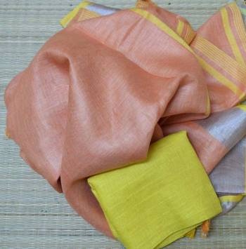 Peach Linen Saree With Silver Zari Border And With Blouse 1