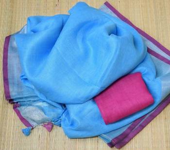 Blue Linen Saree With Zari Border And With Blouse 1