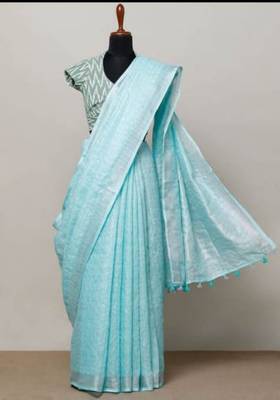 Light Blue Linen Saree With Zari Border And With Blouse 1