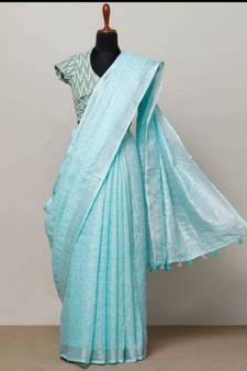 Light Blue Linen Saree With Zari Border And With Blouse