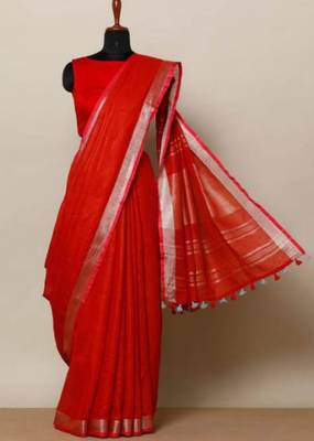 Red Linen Saree With Zari Border And With Blouse 1