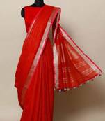 Red Linen Saree With Zari Border And With Blouse