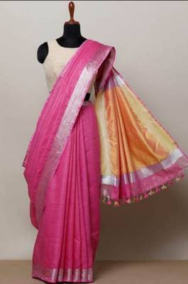Pink Linen Saree With Zari Border And With Blouse 1