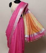 Pink Linen Saree With Zari Border And With Blouse
