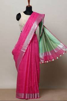 Pink Linen Saree With Zari Border And With Blouse