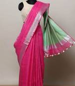 Pink Linen Saree With Zari Border And With Blouse