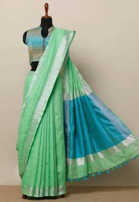 Light Green Linen Saree With Zari Border And With Blouse 1