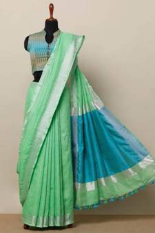 Light Green Linen Saree With Zari Border And With Blouse