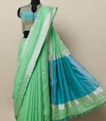 Light Green Linen Saree With Zari Border And With Blouse