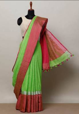 Green Linen Saree With Broad Contrast Border And With Blouse 1