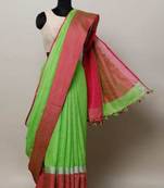 Green Linen Saree With Broad Contrast Border And With Blouse