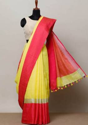 Yellow Linen Saree With Broad Contrast Border And With Blouse 1