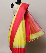 Yellow Linen Saree With Broad Contrast Border And With Blouse