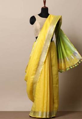 Yellow Linen Saree With Zari Border And With Blouse 1