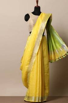 Yellow Linen Saree With Zari Border And With Blouse