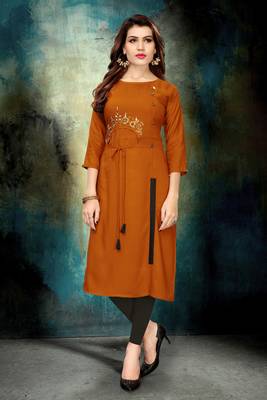Mustard embroidered rayon long-kurtis 1