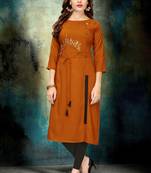 Mustard embroidered rayon long-kurtis