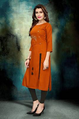 Mustard embroidered rayon long-kurtis 3