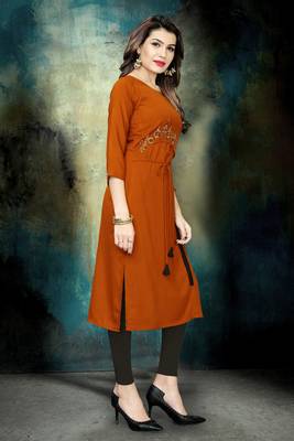 Mustard embroidered rayon long-kurtis 4