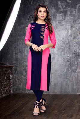 Rani-pink embroidered rayon long-kurtis 1