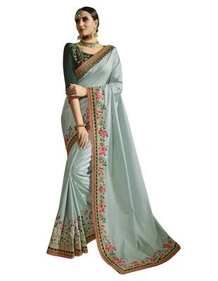 Light grey embroidered silk blend saree with blouse 1