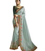Light grey embroidered silk blend saree with blouse