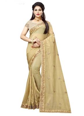 Light yellow embroidered organza saree with blouse 1