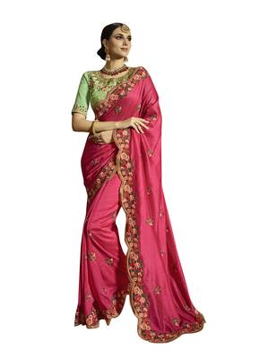 Pink embroidered silk blend saree with blouse 1