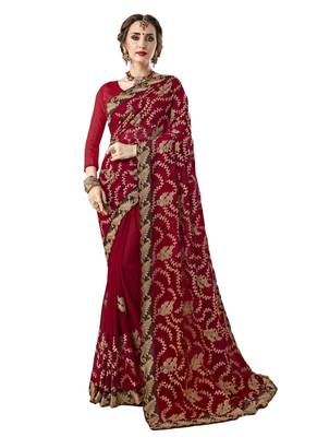 Red embroidered georgette saree with blouse 1